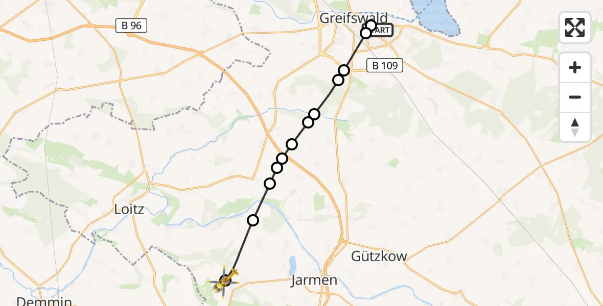 Routekaart van de vlucht: Rettungshubschrauber nach Tutow, Platz der Einheit