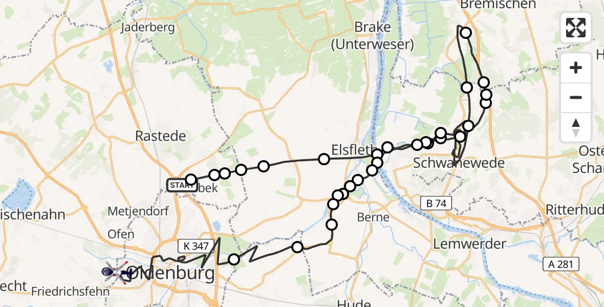 Flugroute Polizeihubschrauber Wahnbek - Oldenburg, 16 März 2026, 13:59