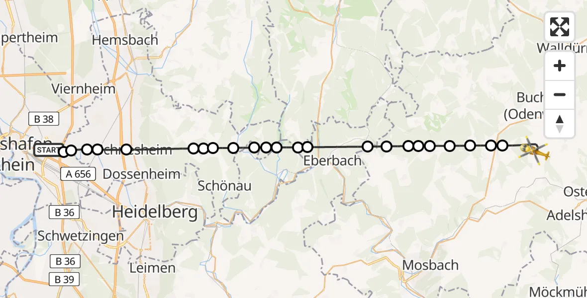 Flugroute Rettungshubschrauber Mannheim-City Airport - Bödigheim, 16 März 2026, 14:08