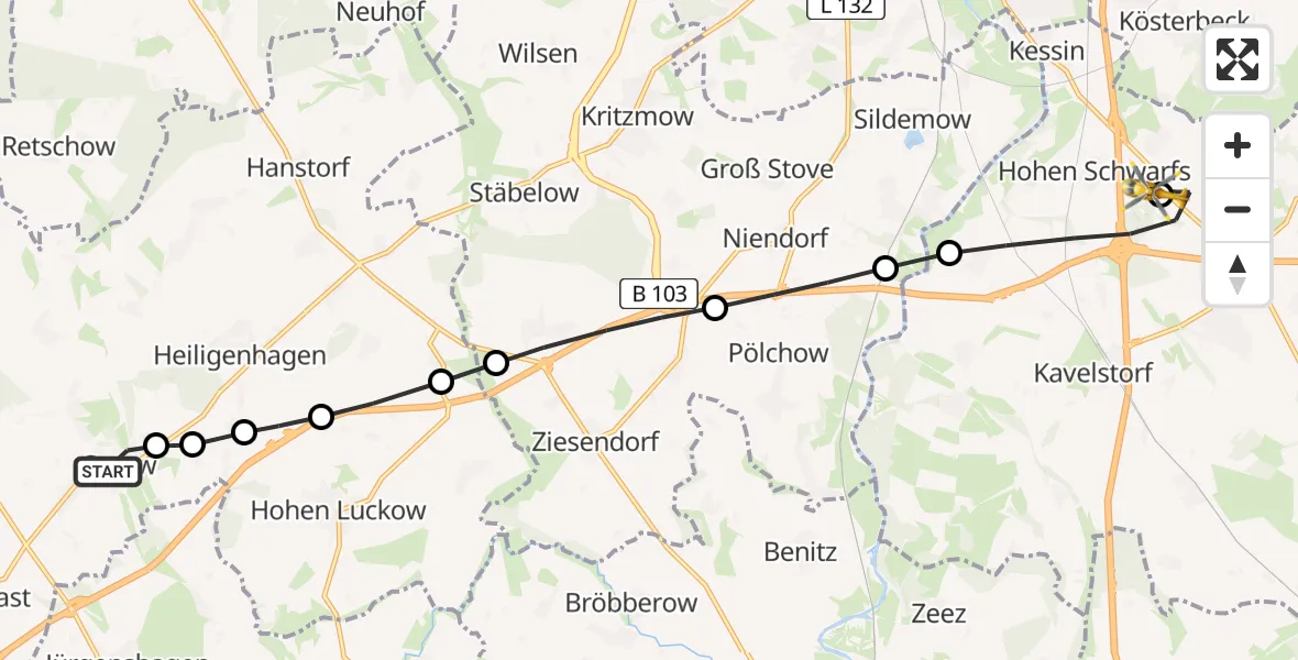 Flugroute Ambulanzhubschrauber Satow - Hohen Schwarfs, 16 März 2026, 14:17