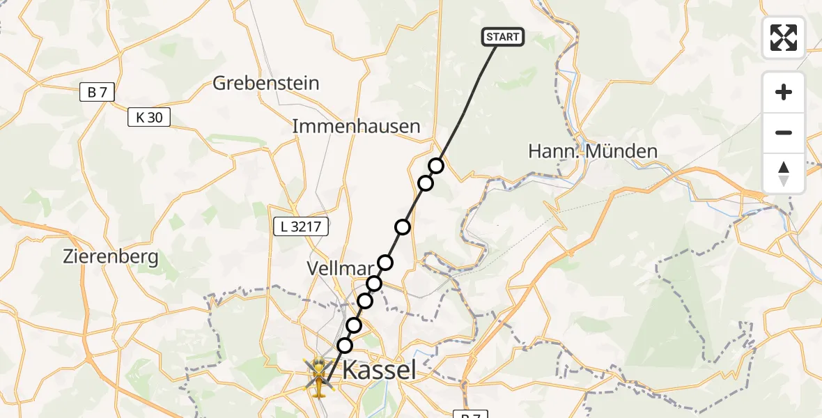 Flugroute Rettungshubschrauber Gutsbezirk Reinhardswald - Kassel, 16 März 2026, 14:20