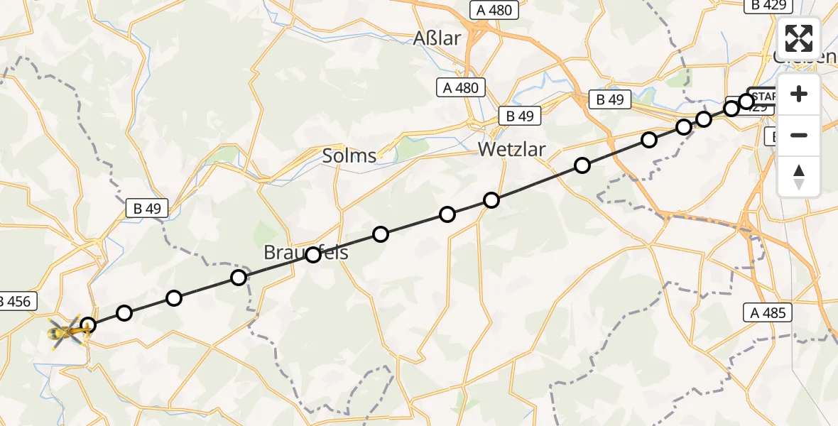 Flugroute Rettungshubschrauber Gießen - Weilburg District Hospital, 16 März 2026, 14:28