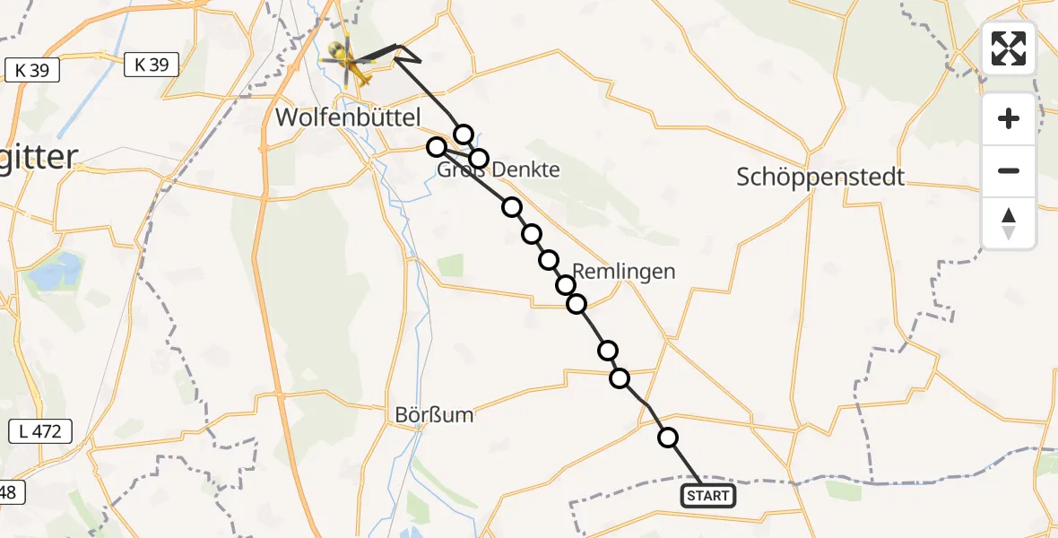 Flugroute Rettungshubschrauber Veltheim - Wolfenbüttel Municipal Hospital Heliport (Christoph 30), 16 März 2026, 14:30