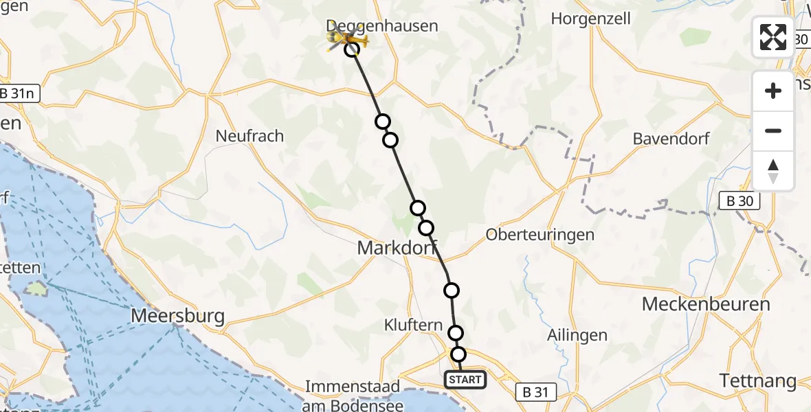 Flugroute Rettungshubschrauber Friedrichshafen Hospital - Lellwangen, 16 März 2026, 14:40