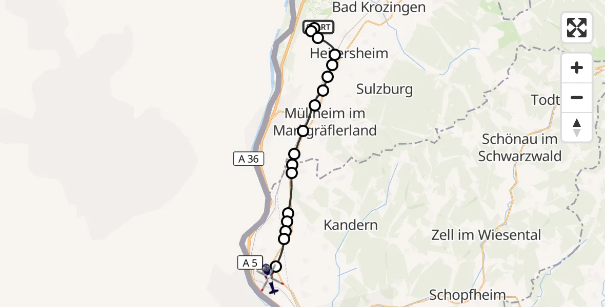 Flugroute Polizeihubschrauber Eschbach - Huttingen, 16 März 2026, 14:40