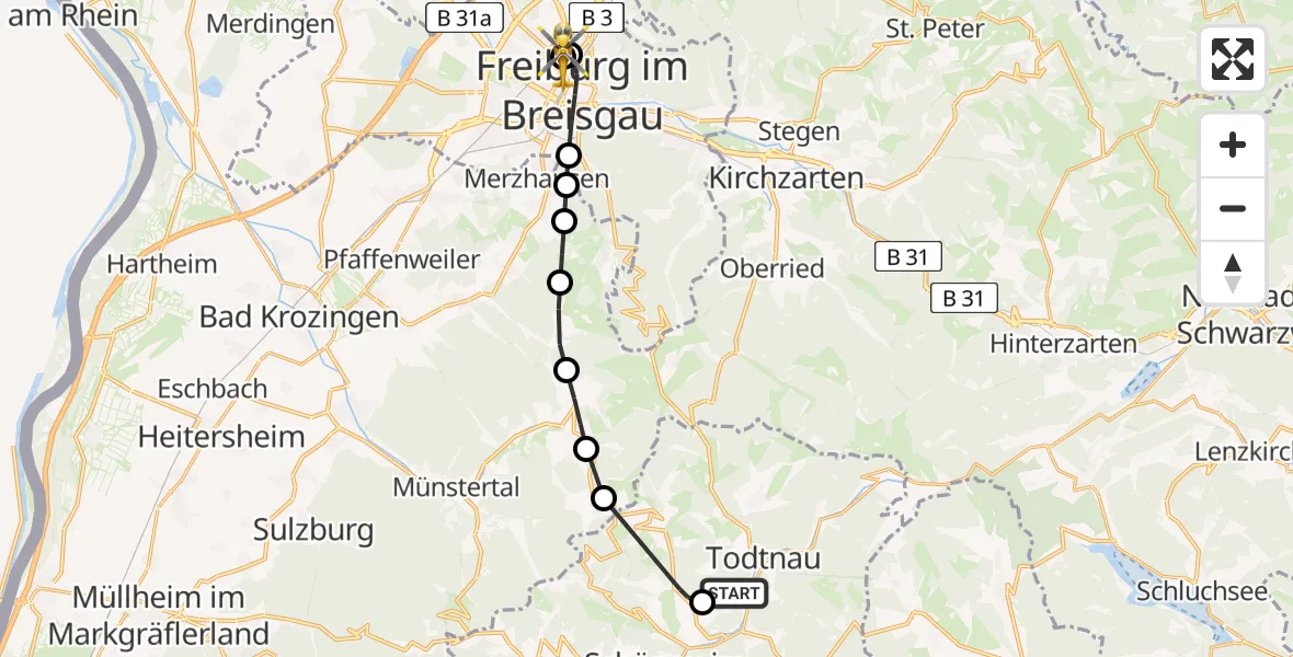 Flugroute Rettungshubschrauber Schlechtnau - Freiburg University Hospital Heliport 1, 16 März 2026, 14:43