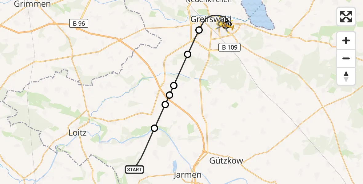 Routekaart van de vlucht: Rettungshubschrauber nach Greifswald Hospital