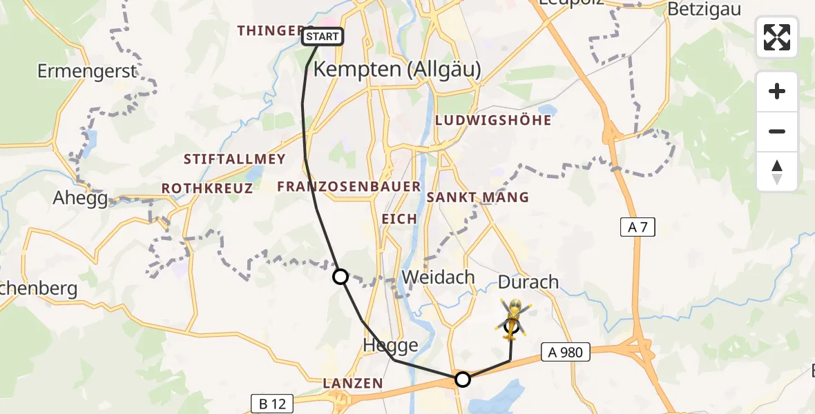 Flugroute Rettungshubschrauber Kempten (Allgäu) - Kempten-Durach Airfield, 16 März 2026, 14:45