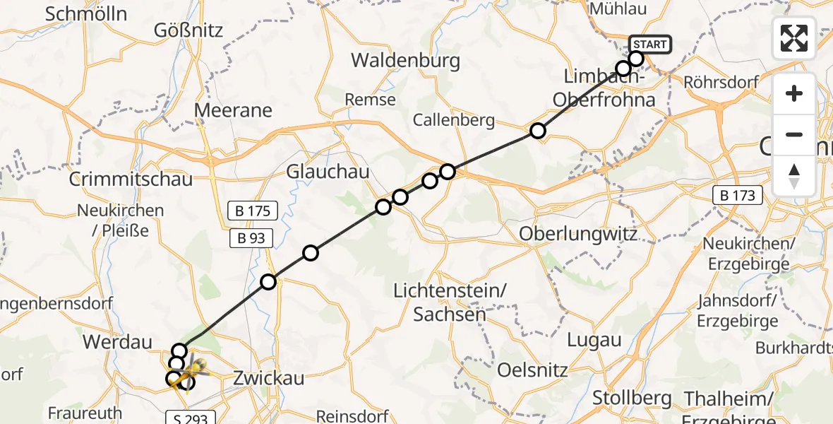 Routekaart van de vlucht: Rettungshubschrauber nach ADAC Air Rescue Station Zwickau Heliport