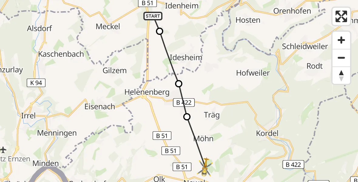 Flugroute Rettungshubschrauber Meckel - Kordel, 16 März 2026, 14:50