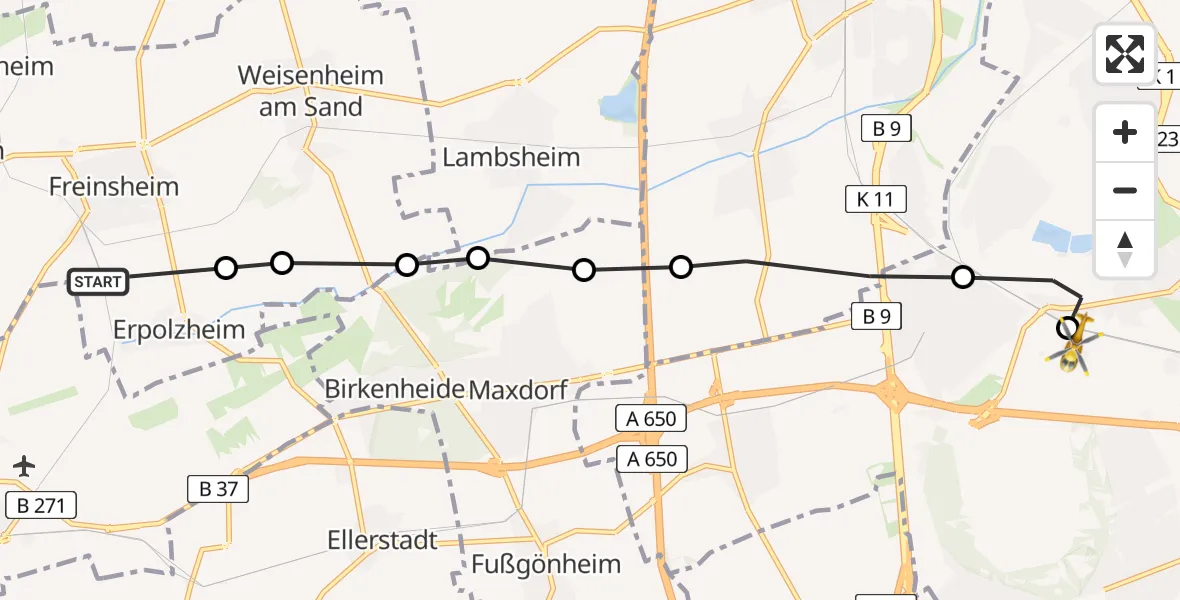Routekaart van de vlucht: Rettungshubschrauber nach Ludwigshafen Accident Hospital Heliport