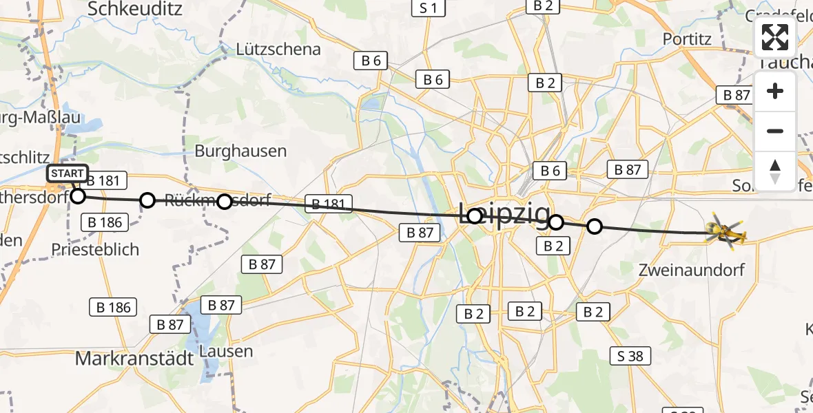 Flugroute Rettungshubschrauber ADAC Air Rescue Station Leipzig/Schkeuditz-Dölzig Heliport (Christoph 61) - Ost, 16 März 2026, 14:57