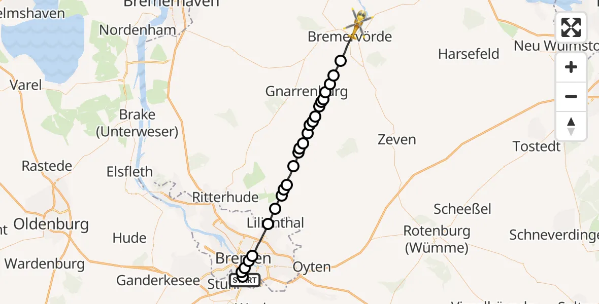 Flugroute Rettungshubschrauber ADAC Air Rescue Station Bremen Heliport (Christoph 6) - Bremervörde, 16 März 2026, 15:04