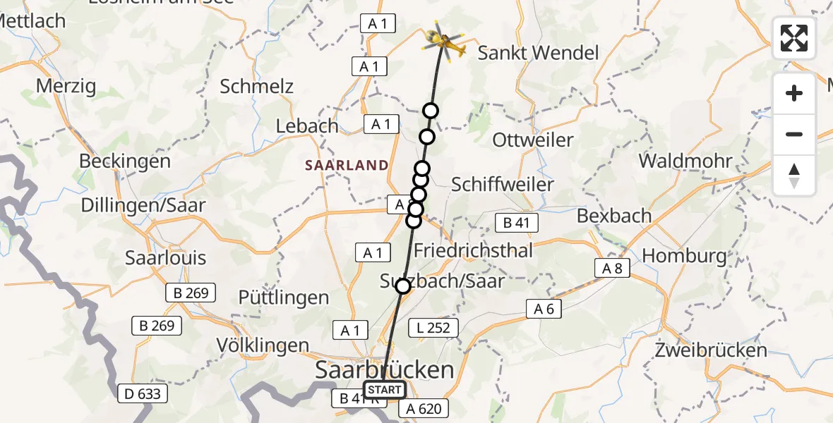 Flugroute Rettungshubschrauber Saarbrücken - Marpingen, 16 März 2026, 15:11