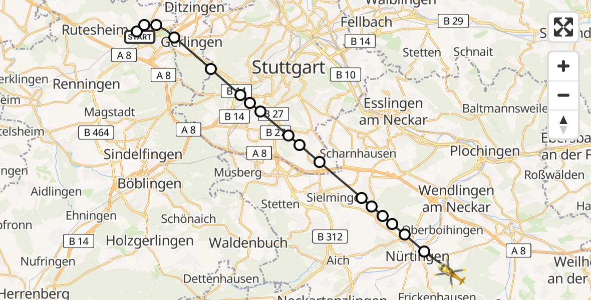 Flugroute Rettungshubschrauber Leonberg Hospital - Nürtingen, 16 März 2026, 15:12