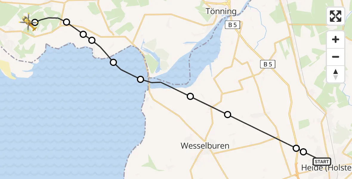 Flugroute Rettungshubschrauber Heide - Sankt Peter-Ording Airport, 16 März 2026, 15:12