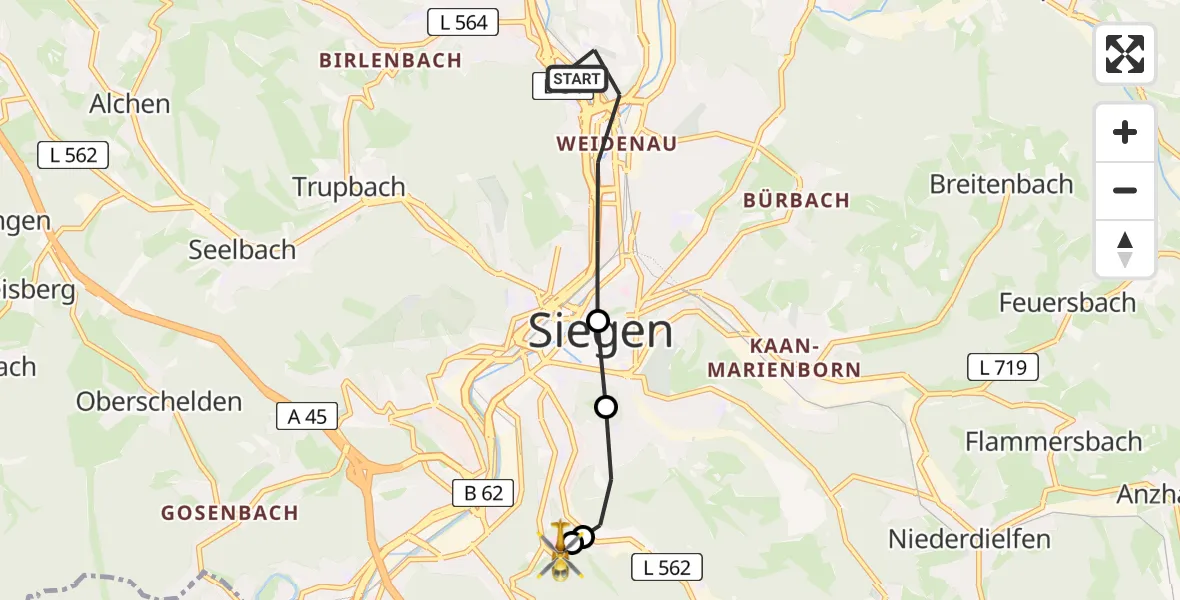 Flugroute Rettungshubschrauber Siegen - Evangelisches Jung-Stilling Hospital, 16 März 2026, 15:13
