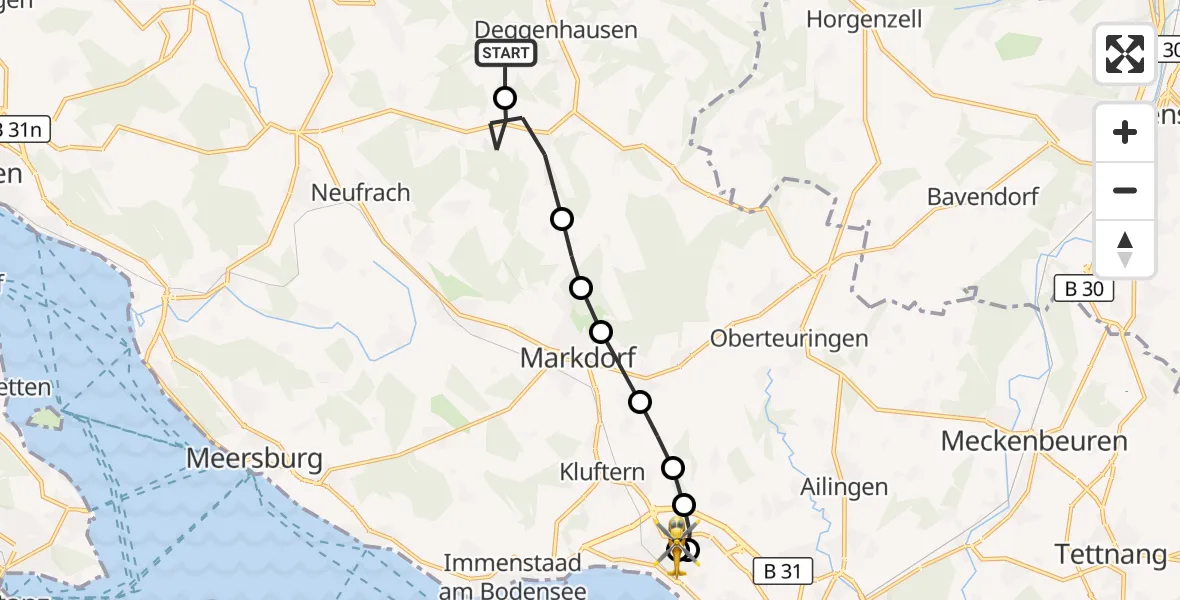 Flugroute Rettungshubschrauber Lellwangen - Friedrichshafen Hospital, 16 März 2026, 15:18