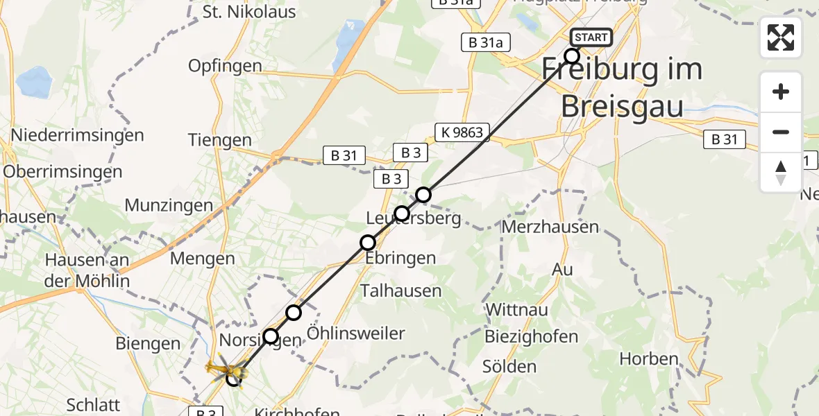 Flugroute Rettungshubschrauber Freiburg University Hospital Heliport 1 - Kirchhofen, 16 März 2026, 15:21