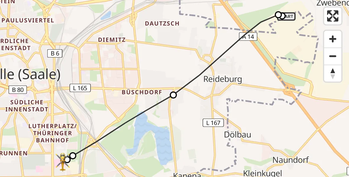 Flugroute Ambulanzhubschrauber Reideburg - BG Hospital Bergmannstrost Halle, 16 März 2026, 15:28