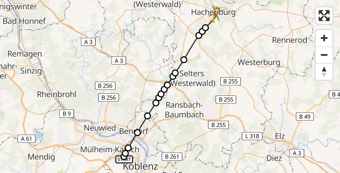 Flugroute Rettungshubschrauber Koblenz - Hachenburg, 16 März 2026, 15:32