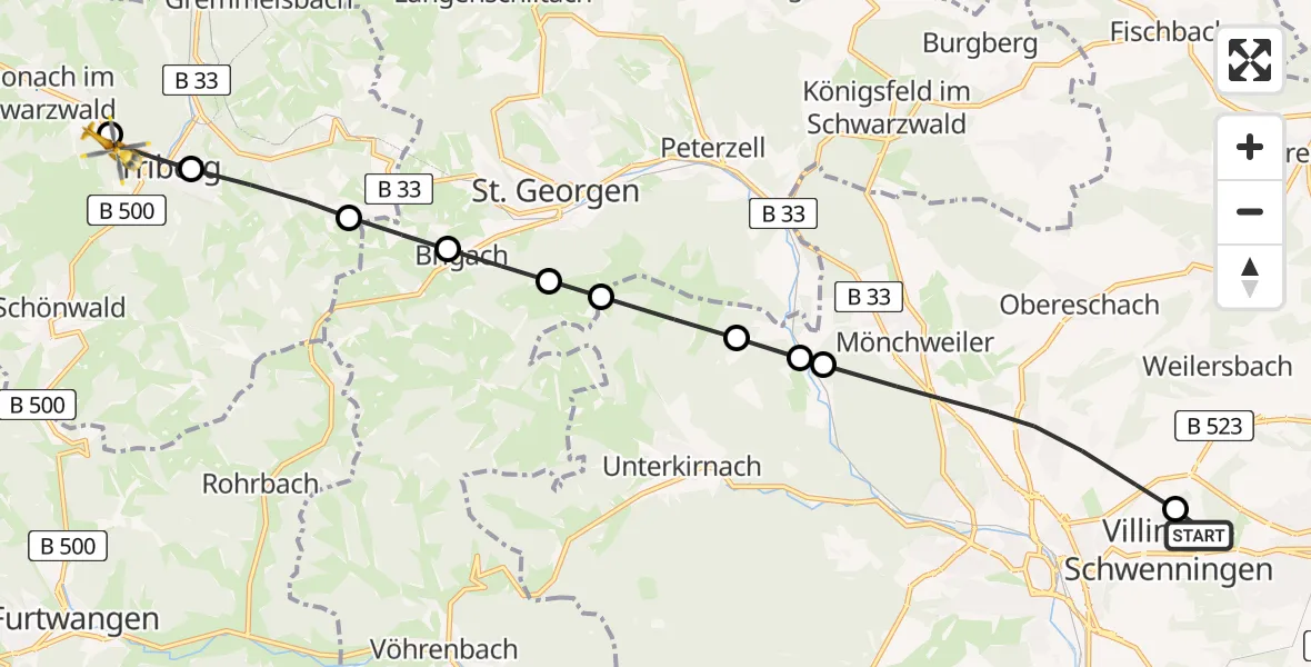 Flugroute Rettungshubschrauber DRF Air Rescue Station Villingen-Schwenningen Heliport (Christoph 11) - Schonach im Schwarzwald, 16 März 2026, 15:41