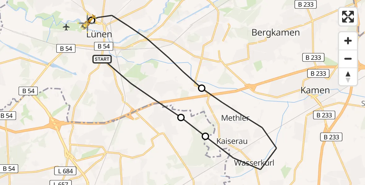 Flugroute Rettungshubschrauber Lünen - Sankt Marien Hospital, 16 März 2026, 15:44