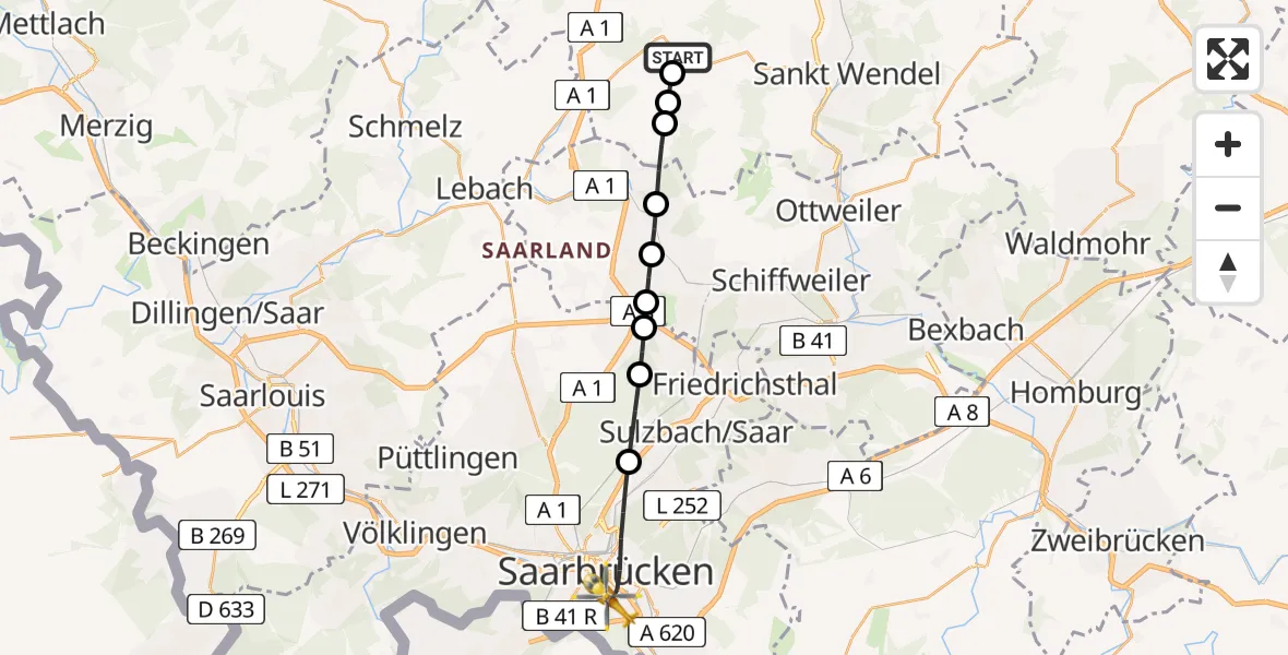 Flugroute Rettungshubschrauber Marpingen - Saarbrücken, 16 März 2026, 15:45