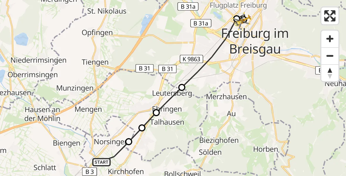 Routekaart van de vlucht: Rettungshubschrauber nach Freiburg University Hospital Heliport 1