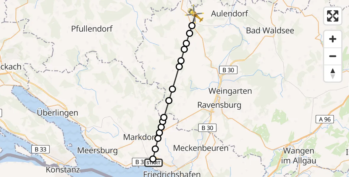 Flugroute Rettungshubschrauber Friedrichshafen Hospital - Altshausen, 16 März 2026, 15:56
