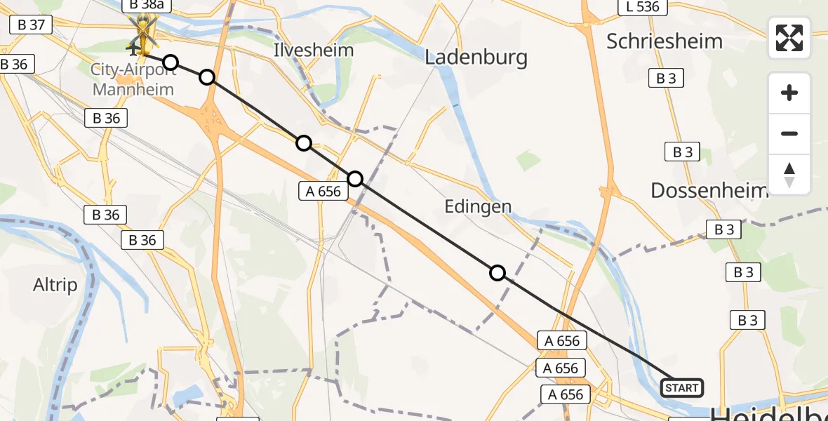 Flugroute Rettungshubschrauber Heidelberg - Mannheim-City Airport, 16 März 2026, 16:06