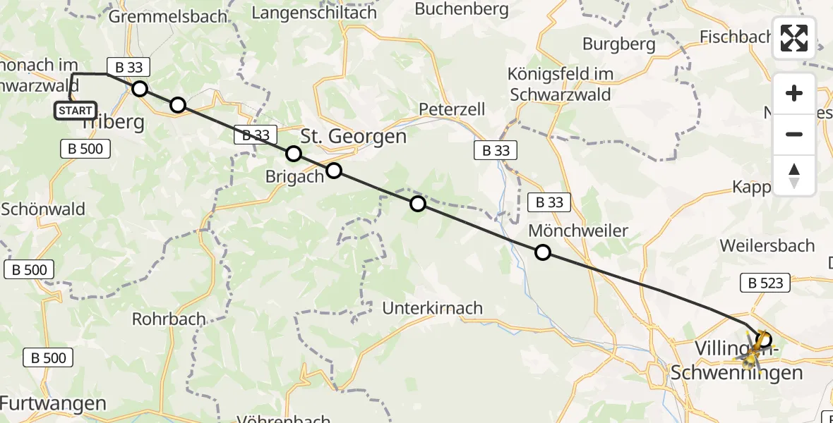 Routekaart van de vlucht: Rettungshubschrauber nach DRF Air Rescue Station Villingen-Schwenningen Heliport (Christoph 11)
