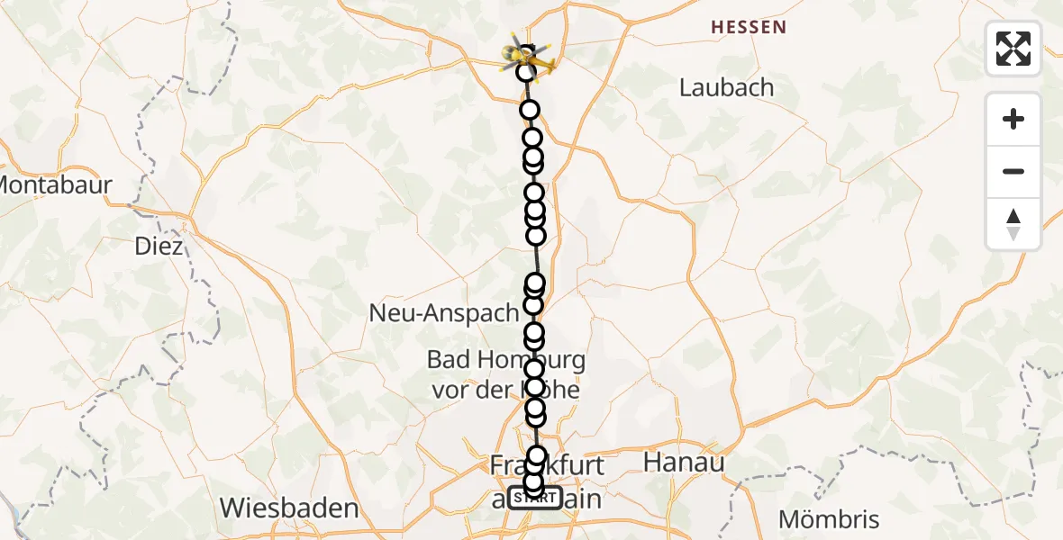 Flugroute Rettungshubschrauber Frankfurt University Hospital - Gießen, 16 März 2026, 16:11