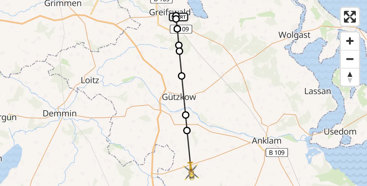 Flugroute Rettungshubschrauber Greifswald Hospital - Iven, 16 März 2026, 16:12