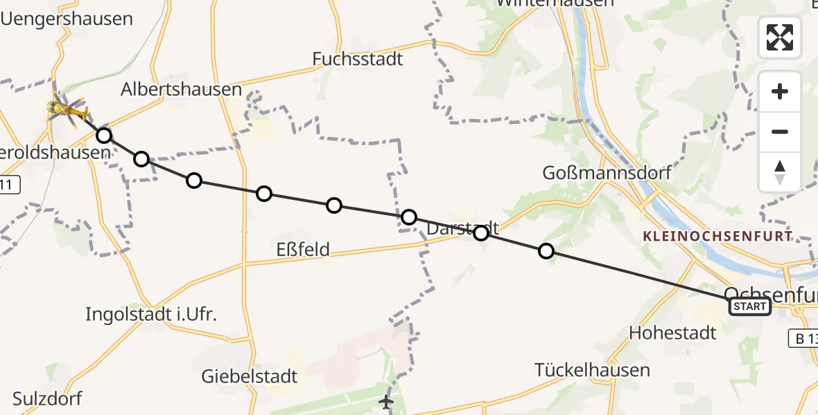 Flugroute Rettungshubschrauber Hohestadt - Geroldshausen, 16 März 2026, 16:16