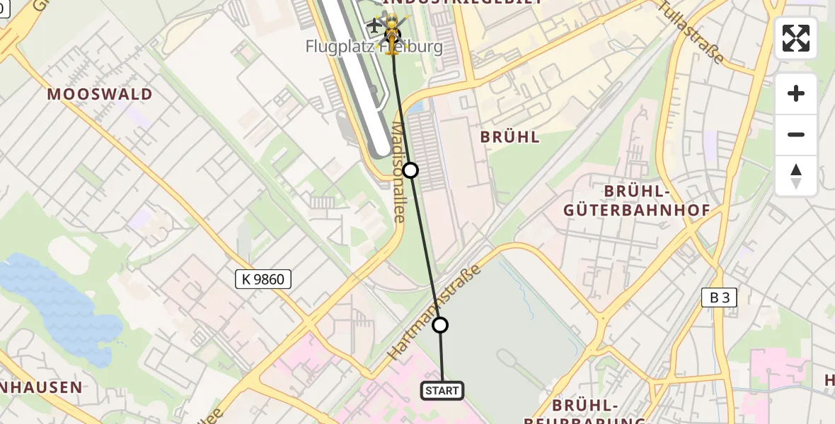 Flugroute Rettungshubschrauber Freiburg University Hospital Heliport 1 - Freiburg im Breisgau Airfield, 16 März 2026, 16:18
