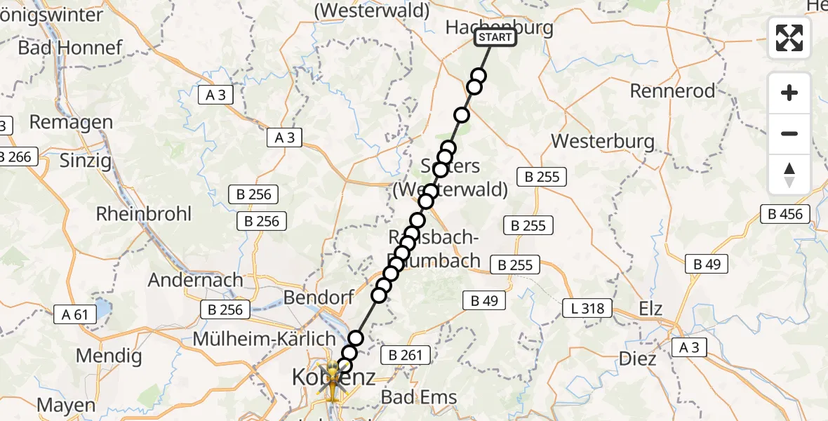 Routekaart van de vlucht: Rettungshubschrauber nach Koblenz, Johannes-Müller-Straße