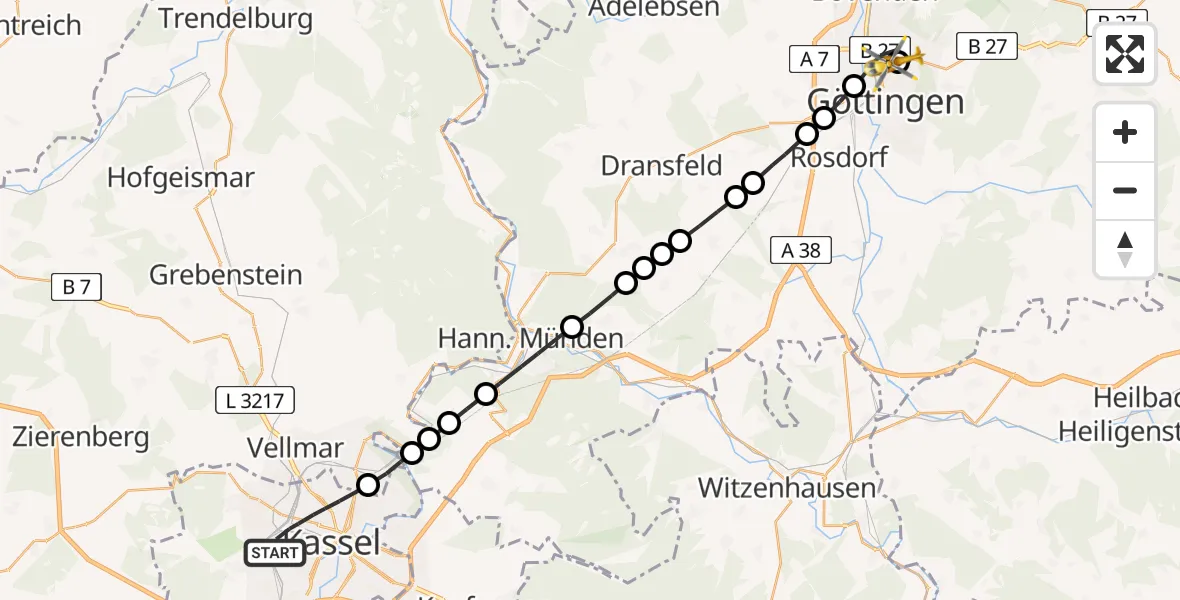 Flugroute Rettungshubschrauber Kassel - Göttingen University Clinic Heliport, 16 März 2026, 16:26