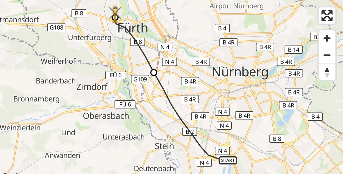 Flugroute Rettungshubschrauber Nürnberg - Fürth Hospital, 16 März 2026, 16:35