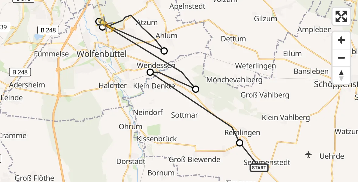 Flugroute Rettungshubschrauber Semmenstedt - Wolfenbüttel Municipal Hospital Heliport (Christoph 30), 16 März 2026, 16:35