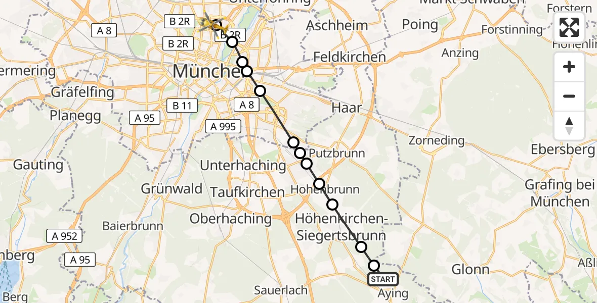 Flugroute Rettungshubschrauber Aying - München, 16 März 2026, 16:41