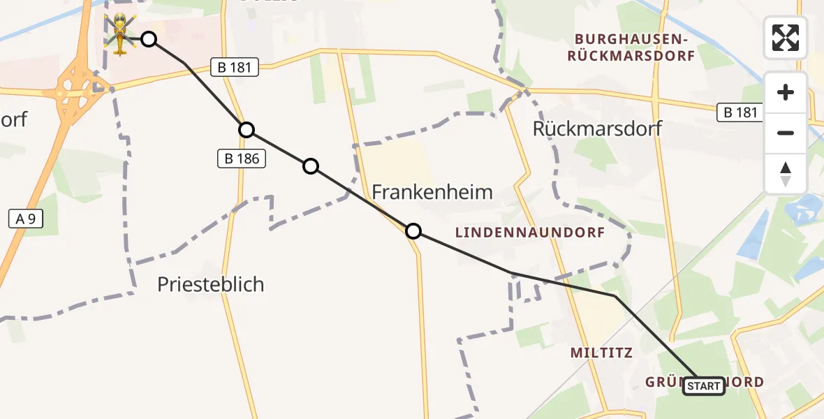 Flugroute Rettungshubschrauber West - ADAC Air Rescue Station Leipzig/Schkeuditz-Dölzig Heliport (Christoph 61), 16 März 2026, 16:46