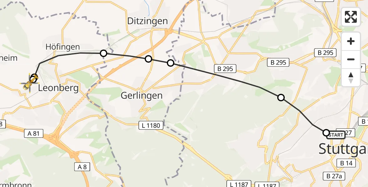 Flugroute Rettungshubschrauber Stuttgart - Leonberg Hospital, 16 März 2026, 16:47