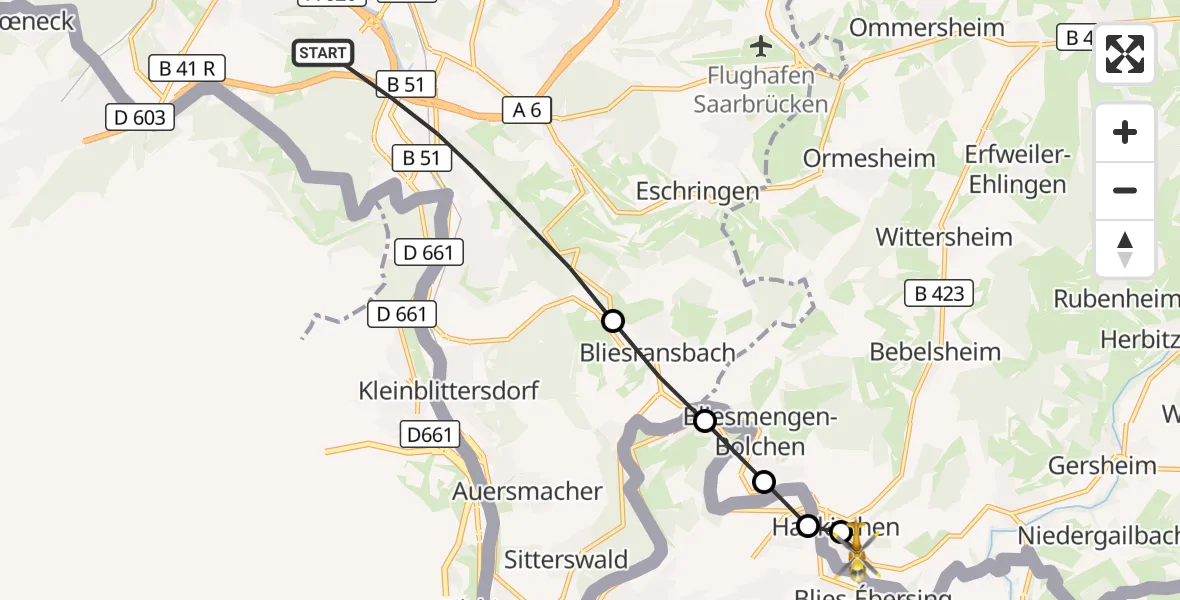 Flugroute Rettungshubschrauber Saarbrücken - Habkirchen, 16 März 2026, 16:50