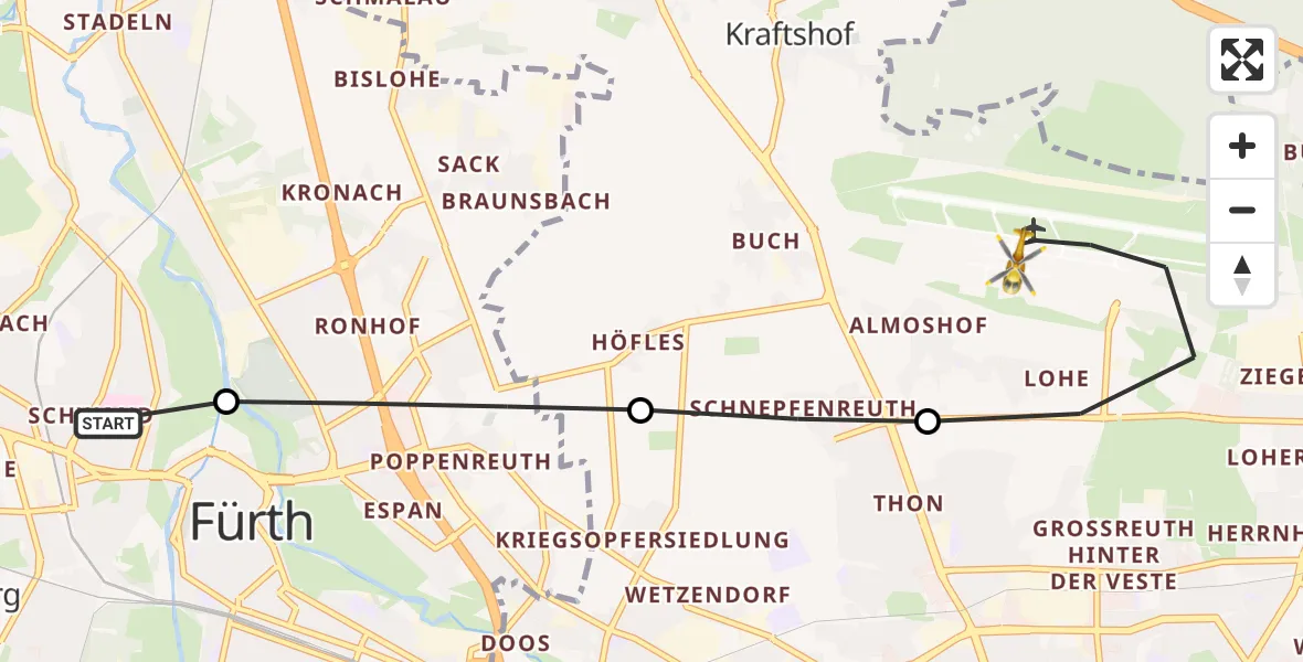 Flugroute Rettungshubschrauber Fürth Hospital - Nuremberg Airport, 16 März 2026, 16:53