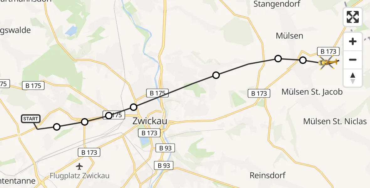 Flugroute Rettungshubschrauber ADAC Air Rescue Station Zwickau Heliport - Mülsen, 16 März 2026, 17:00