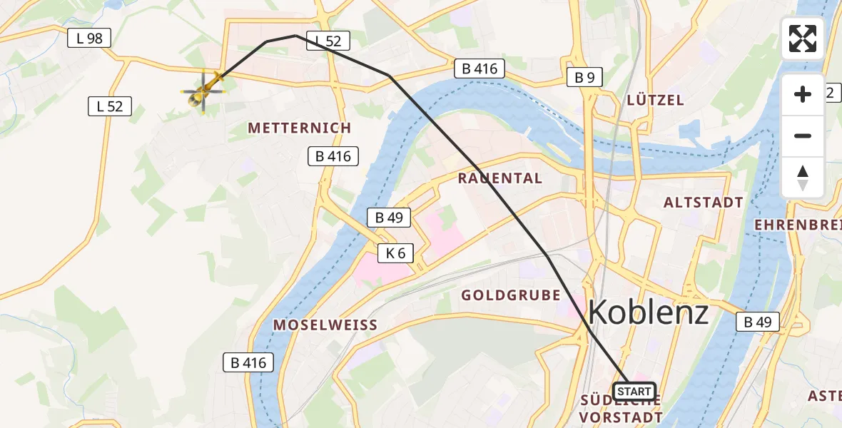 Flugroute Rettungshubschrauber Koblenz - Koblenz, 16 März 2026, 17:00