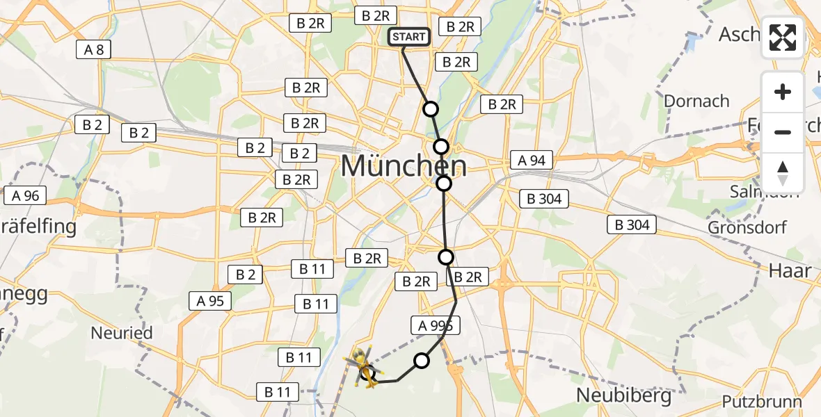 Flugroute Rettungshubschrauber München - ADAC Air Rescue Center Heliport (Christoph 1), 16 März 2026, 17:02