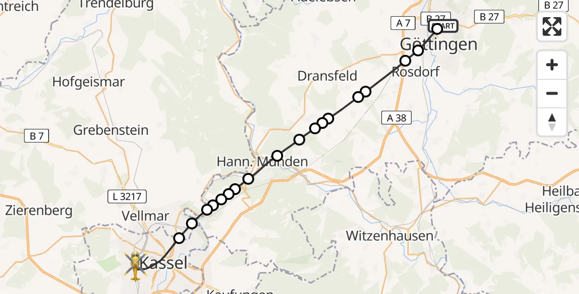 Flugroute Rettungshubschrauber Göttingen University Clinic Heliport - Kassel, 16 März 2026, 17:11