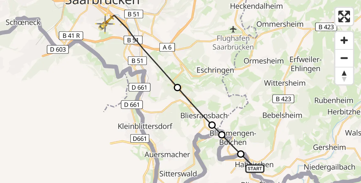 Flugroute Rettungshubschrauber Habkirchen - Saarbrücken, 16 März 2026, 17:19